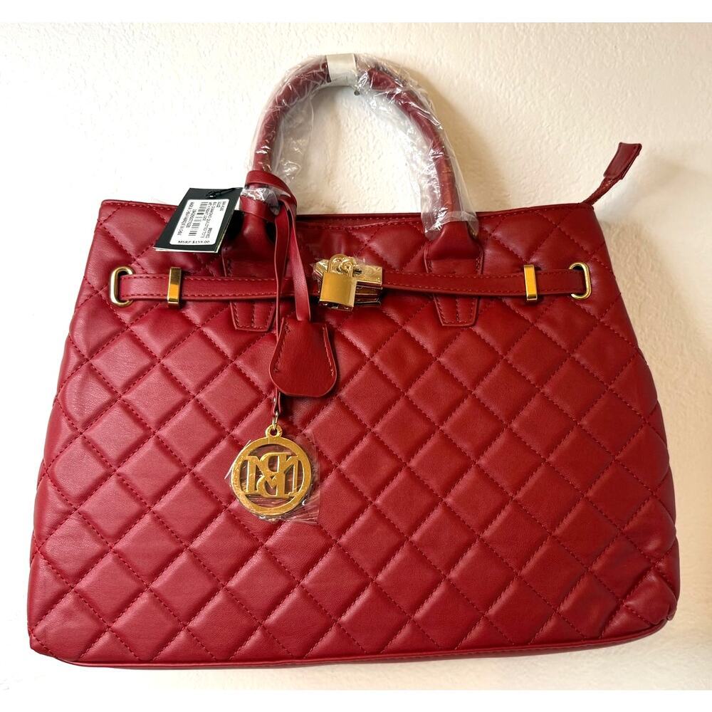 Badgley‎ Mischka Tote Bag Red Quilted Front Lock NWT Classic